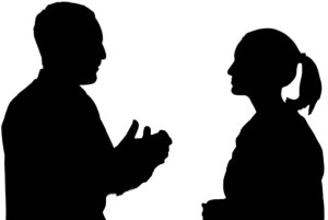 man woman talking cropped reversed